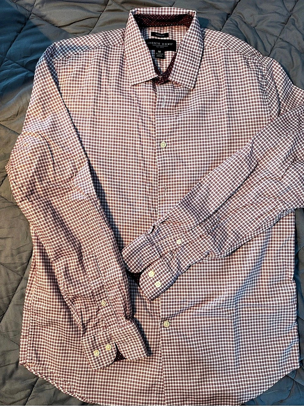 Pronto Uomo Modern Fit Checkered Cotton Shirt in Burgundy & White Size Medium Li